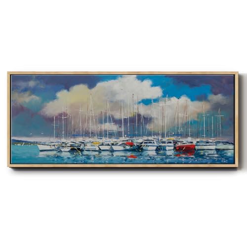 Renditions Gallery Abstract Wall Art Numerous Boats at Port Floater Frame Artwork Prints for Bedroom Kitchen Office - 24"x60" Natural Frame LT610