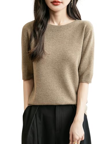 Chanyarn Damen 100% Merinowolle Kurzarm Pullover 2025 Frühjahr Sommer Winter Rundhals Weich Nahtloser Strickpullover Sweatshirt (Tan,L)