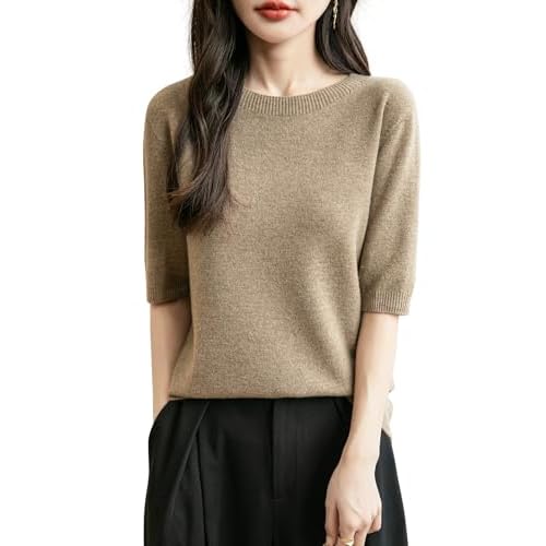 Damen 100% Merinowolle Kurzarm Pullover 2025 Frühjahr Sommer Winter Rundhals Weich Nahtloser Strickpullover Sweatshirt