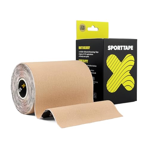 SPORTTAPE Extra Wide Kinesiology Tape 10cm x 5m - Beige | Waterproof Hypoallergenic Muscle Support Recovery Tape for Sports Injuries Physio Lower Back Binding Chest Taping | Single Uncut Roll