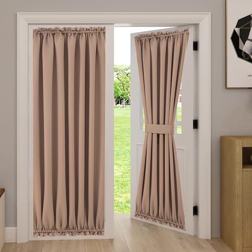Aquazolax Blackout French Door Curtain Window Treatment for Privacy Heavy-Duty Thermal Insulated Drapery 54Wx72L Sliding Glass Door Panels with Bonus Adjustable Tieback - 1 Panel, Taupe/Khaki