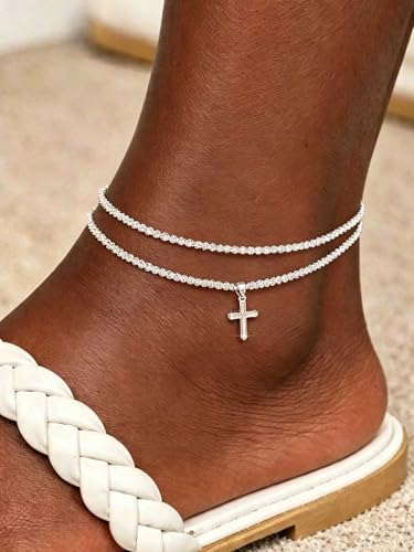 Image of Yalice 925 Sterling Silver Ankle Bracelets for Women Dainty 14K Gold Plated Anklets Set Shiny Waterproof Ankle Chain Cross Beach Foot Jewelry Gifts