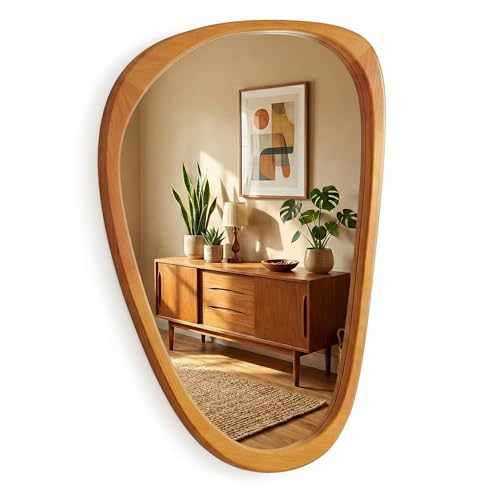 Pocetry Irregular Asymmetrical Wall Mirror 30"×20" with Solid Wood Frame,