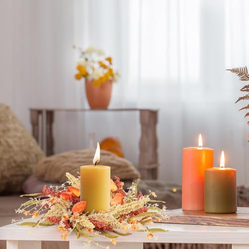 Image of 6 Pcs Fall Candle Rings 9 inch Thanksgiving Autumn Wreaths with Flowers for Tables Artificial Farmhouse Candle Rings Wreath for Front Door Porch Wall Window Decorations