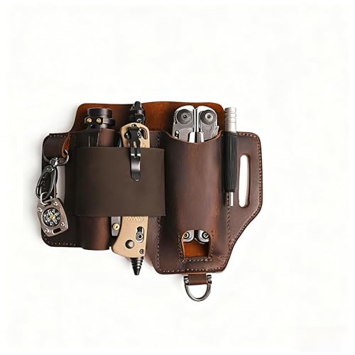 Leather Multitool Pouch and Sheath for Boy Friend Gift, Heavy-Duty Belt Holster for EDC Gear, EDC Belt Organizer for Work and Daily Use, Leather Organizer Fits Flashlight, Pen, Keys, Dark Brown