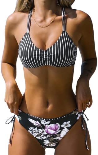CUPSHE Women's Bikini Swimsuit Striped Reversible Bottom Lace Up Two Piece Bathing Suit, M