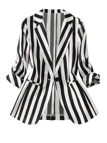 GORGLITTER Women's 3/4 Sleeve Blazer Jacket Bussiness Casual Striped Suit Jacket Work Lightweight Blazers
