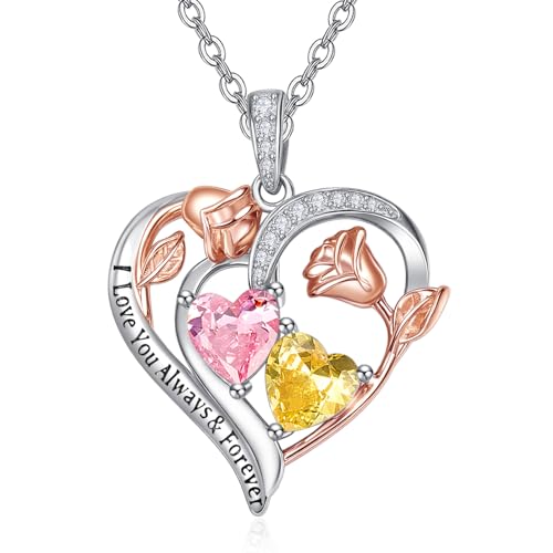 Anniversary Birthday Gifts for Wife，Rose Necklaces for Women，925 Sterling Silver Double Birthstone Necklace，Anniversary Birthday Gifts for Women, Jewelry Gift for Wife Girlfriend Mom Her