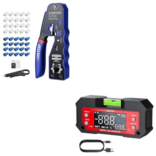 XUNTOP Professional Networking & Precision Kit: RJ45 Crimp Tool Kit for Cat5-Cat6-Cat6a & Dual Axis Magnetic Digital Inclinometer, for Network Installation, Woodworking, Table Saw Setup