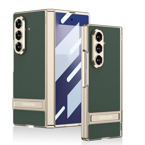 Image of Midkart Magnetic Case Compatible with Samsung Galaxy Z Fold 7 Release 2025 Hinge Protection Leather Cover with Stand Electroplated Camera Protection, Green & Gold