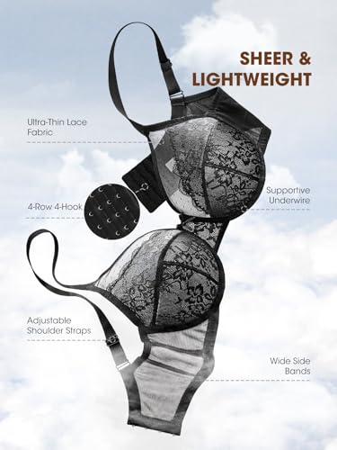 Minimizer Bras for Women Lifting Full Coverage Underwire Lace Bras Plus Size Unlined Breathable Bra for Heavy Breast Black