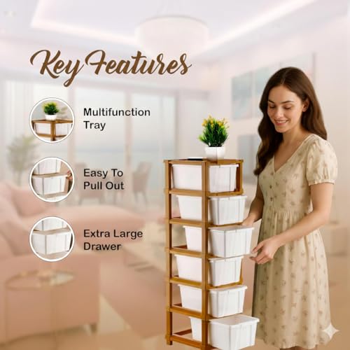 Image of 6 Layer Plastic Modular Storage Drawer Organizer | Chest of Drawer Storage Box for Living Room, Office, School and Home Toys | Organiser for Kids Room | Ivory & Brown (6-Layer ivory)