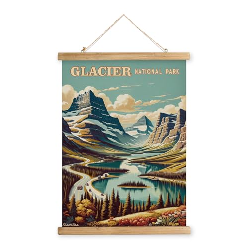 XIAOAIKA Vintage Glacier National Park Travel Poster with Wooden Scroll Frame – Holiday Decoration...