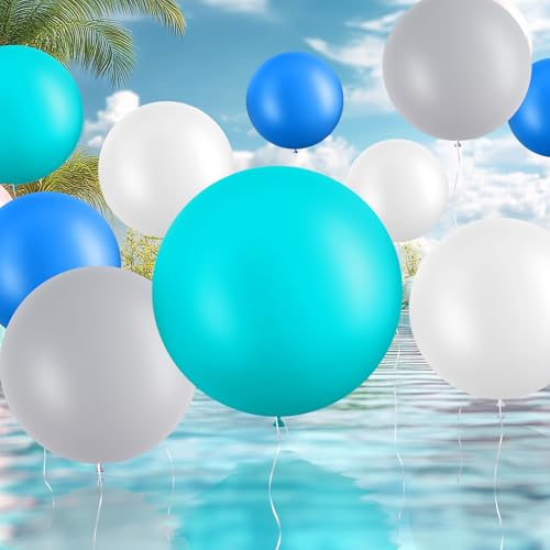 Image of Gejoy 24 Pcs Pool Giant Balloons 36 /24 /18 Inch Jumbo Large Big Latex Balloons Bulk with Ribbon for Pool Decorations Garland Arch Wedding Birthday Supply, Needs to Be Filled with Helium(Blue,Gray)