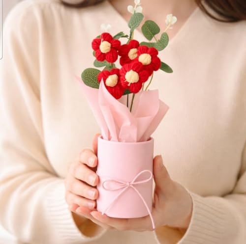 Image of Handmade Red Crochet Bouquet- Pack of 1 - Hand Woven Knitted Artificial Hand Knitted Bouquet Flower for Office Desk, Table, Car, Bedroom, Wedding & Special Occasions