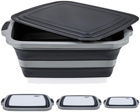 TANOSHII 3-Piece Collapsible BBQ Prep Tubs with Lids and Built-in Cutting Board – For Meal Prep Marinating Food Storage&Washing – Picnic Camping – Set of 3 – (1) Medium + (1) L + (1) XL – Black