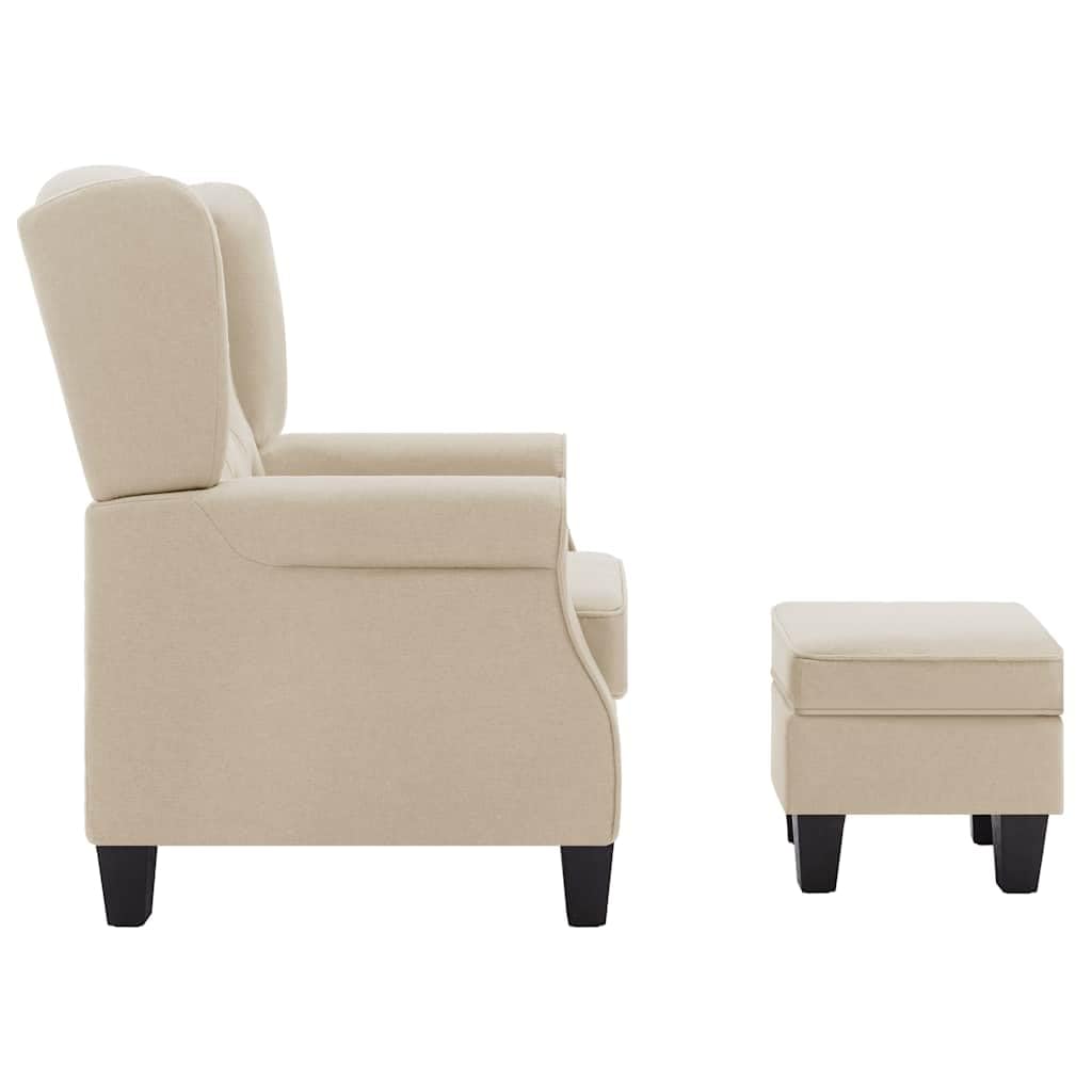 Fotel z podnóżkiem, kremowa tapicerka, 68 x 78 x 94 cm, z wysokim oparciem i drewnianą ramą, mebel wypoczynkowy do salonu, ergonomiczny i wygodny do czytania i relaksu
