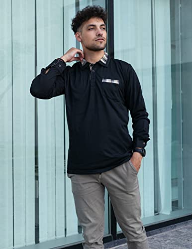 Coofandy Men's Classic Fit Casual Long Sleeve Plaid Collar Polo Shirt, Long Sleeve Black, Large #TOP3