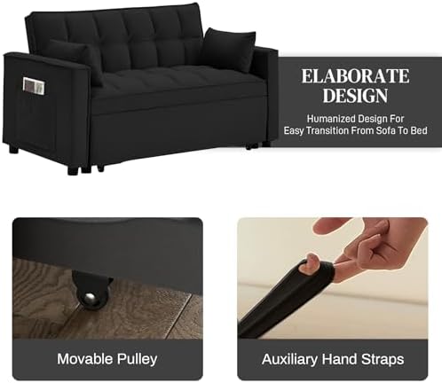 3 in 1 Convertible Sleeper Sofa Bed, Modern Futon Couch Pullout Couches Bed, Velvet Small Loveseat with Adjustable Backrest, Storage Pockets and Pillows for Living Room (Black)