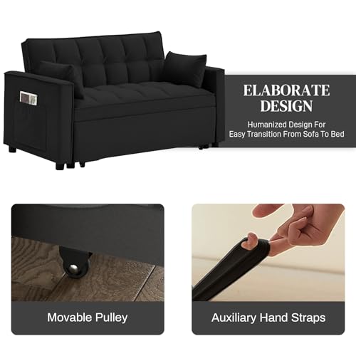 3 in 1 Convertible Sleeper Sofa Bed, Modern Futon Couch Pullout Couches Bed, Velvet Small Loveseat with Adjustable Backrest, Storage Pockets and Pillows for Living Room (Black)