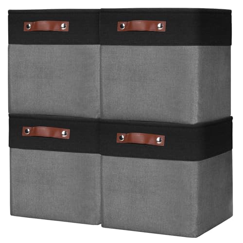 Bagnizer Collapsible Fabric Storage Cubes 11x11 Cube Storage Bins, 4 Pack Closet Baskets Box with Handles for Organizing, Shelf, Toys, Clothes, Home, Office, Nursery (Grey&Black)