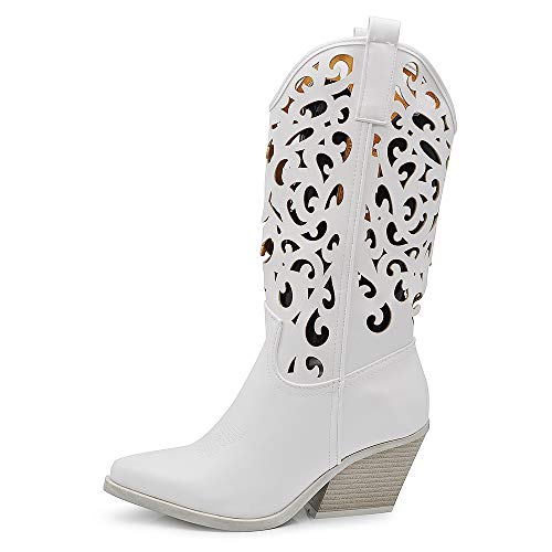 Botas tejanas de mujer, estilo vaquero western con punta, camperas étnicas DT-16 Blanco Size: 40 EU