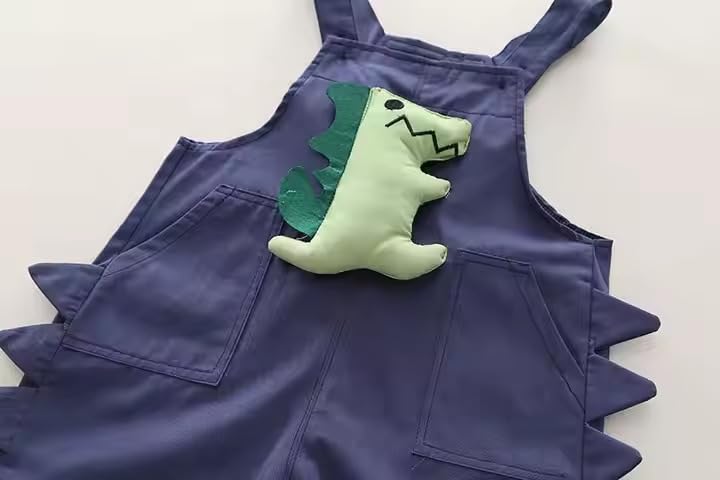 Bold N Elegant Kids Dinosaur Dungaree Set with Striped T-Shirt Cotton Summer Outfit for Infant Toddler Kids Boy Girl (Navy Blue, 6-12 Months) 2