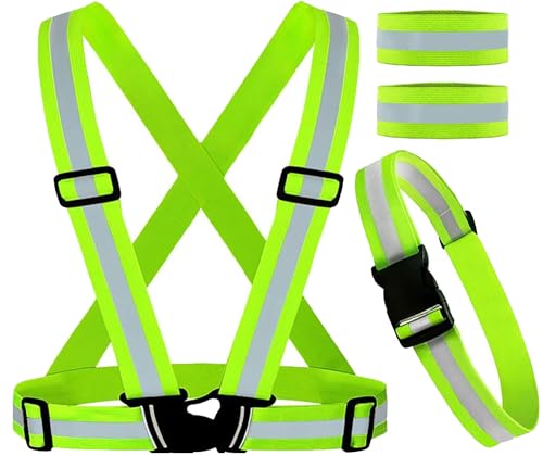 Reflective Vest & Belt Safety Set (4-Piece) – High-Visibility Adjustable Elastic Vest, 360° Glow Belt & 2 Reflective Armbands – Running, Cycling, Walking, Jogging, Outdoor Work