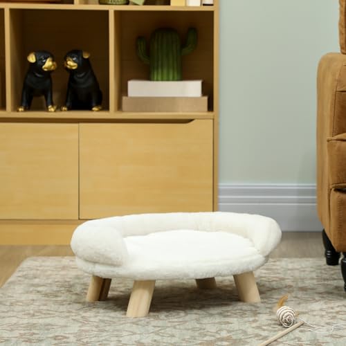 PawHut Katzensofa Hundesofa aus Plüsch Hundebett mit Rückenlehne, Holzbeine, Hundecouch mit weicher Polsterung für Katzen miniaturhunde Hunde 47 x 40 x 20 cm Cremeweiß