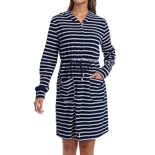 Mnamo Damen Frottee Bademantel Gestreift mit Kapuze Reißverschluss mit Gürtel Weicher Mikrofaser Langarm Morgenmantel Dunkelblau-weiß M