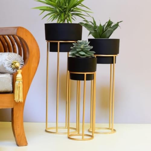 Image of ZM Handicrafts Metal Floor Planter Pot Stand with Gold Finish, Set of 3, Modern Style, for Living Room, Bedroom, Balcony, Office | Indoor / Outdoor Flower Pot Stand with Pots (Black Pot)