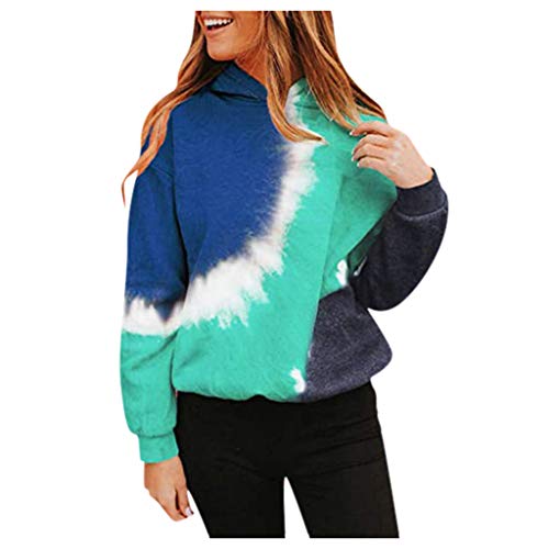 Womens Long Sleeve Tops,Womens Tie Dye Waffle Knit Long Sleeve Shirts Hooded Puff Loose Tops Sweatshirts Drawstring