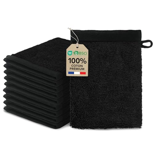 Lot de 10 Gants de Toilette 15x20 cm Noir Coton 500 g/m² – certifié Oeko TEX, Doux, Absorbant et Durable.