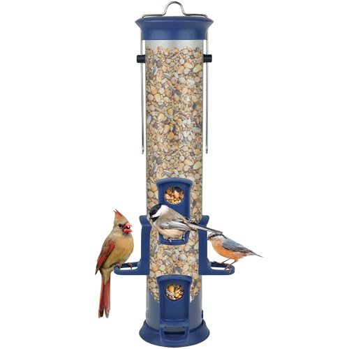 Natures Way Plastic Seed Tube Bird Feeder for Wild Birds and Outdoor Dcor 1.2 Quart Capacity Six Ports Easy-Clean Design Blue