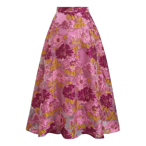 CHICWISH Women Floral Jacquard Flared Skirts High Waist A-Line Casual Garden Party Vintage Swing Midi Skirt