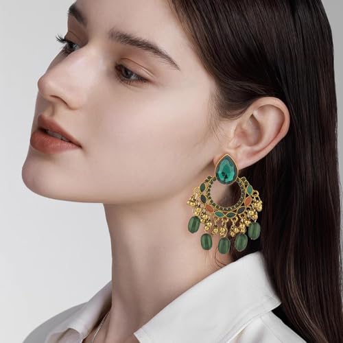 Bollywood Chandelier Statement Tassel Dangle Earrings Antique Gold Enamel Bohemian Rhinestone Beaded Jhumka Drop Dangling Stud Lightweight Vintage Indian Jewelry Holiday Gifts for Women Girls2