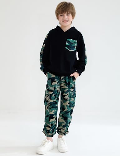Image of mksodopy Boys Clothes Long Sleeve Hoodie and camouflage cargo pants Boy Outfits for 6-16 Years