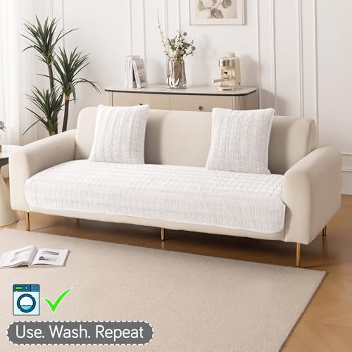 Image of HOKIPO 'Plush Haven' Premium Anti-Slip Sofa Cover Mat for 3 Seater Sofa | Soft Fluffy Plush Fabric, White(Ar-5035-Wht*1)