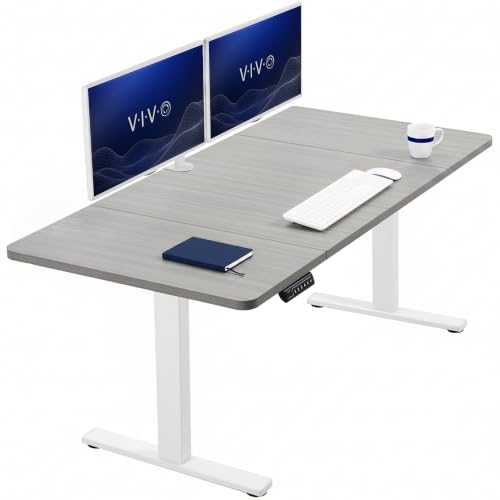 Image of VIVO Dark Gray 60 x 30 in Standing Desk, DESK-KIT-1W6G-30 | Electric, Holds 220 lbs, Sit Stand, Height Adjustable, Extra Deep Table Top, Memory Presets, 1B Series, White Frame