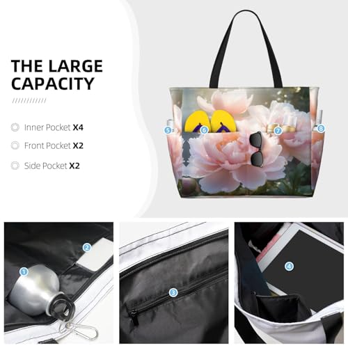 Garden Peony Print Large Capacity Foldable Washable Zipper Beach Travel Tote Bag ShoppingBag3