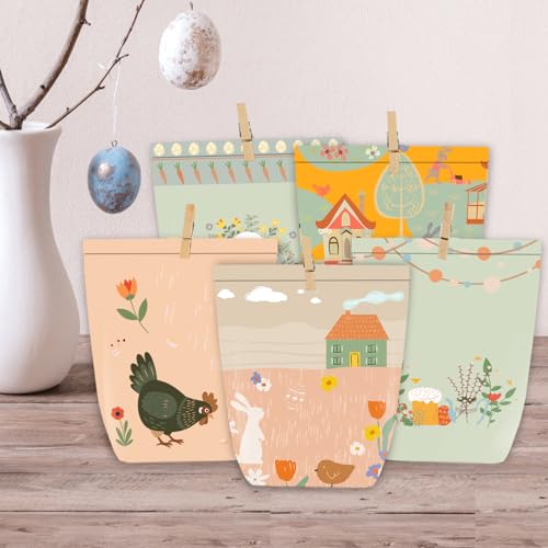 KOHMUI Geschenktüten Ostern, 12 Ostertüten zum Befüllen, Bunt Bedruckte Tüten mit Klammern, Karikatur Osterhasen Basteln Set