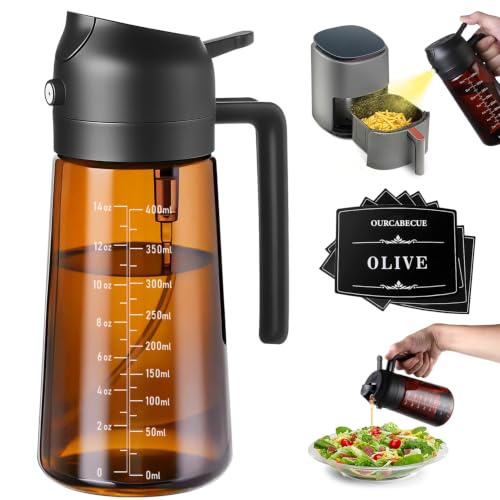 Image of OURCABECUE Upgraded Made Oil Sprayer for Cooking, Dark Brown 2 in 1 Spray and Pour Olive Oil Dispenser 16oz 470ml Glass Oil Spray Bottle, Mist Olive Oil Dispensing (Green Bottle-Scale)