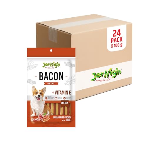 Image of JerHigh Human Grade High Protein Chicken, Fully Digestible Healthy Snack & Training Treat, Free from by-Products & Gluten, Bacon Stick for All Life Stages Dog (24 X 100g) Sold by Dogs N Cats