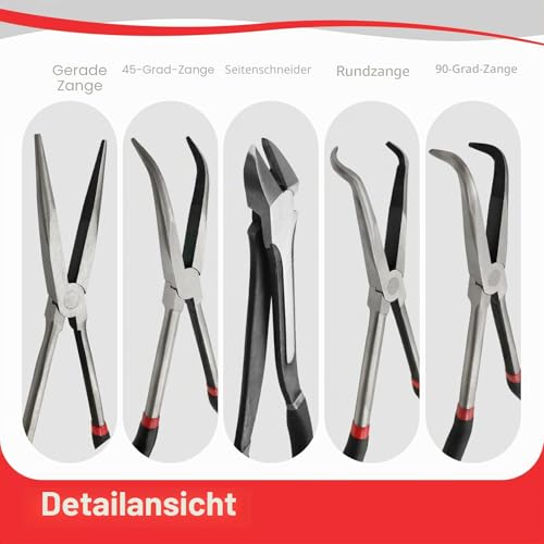 5 Pcs 11\Spitzzangen Set,extra lange Spitzzange,einschließlich gerader mit großer Reichweite,45/90° gebogene Spitzzange,Diagonalzange zum Biegen Formen und Schneiden