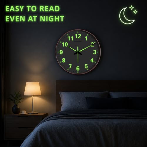 Image of Auromin Antique Radium Glass Wall Clock Night Glow for Bedroom | Night Light Silent Glass Wall Watch for Living Room, Living Room, Study | Large Stylish Clock with Glow in Dark Numbers (Rose Gold)