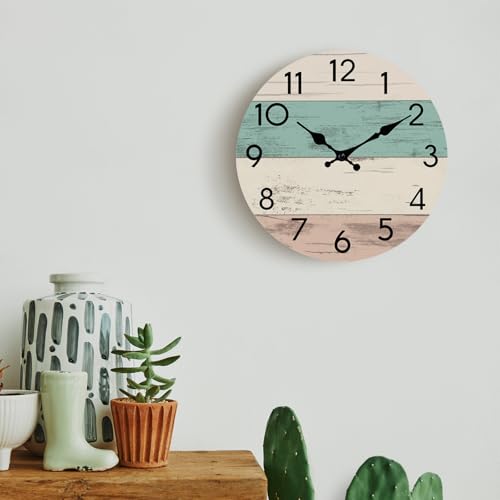 Image of KECYET Wall Clock Silent Non-Ticking Wooden Clocks Battery Operated 8 Inch Small Country Retro Rustic and Beach Style Decorative for Kitchen, Home, Bathroom, Bedroom (Green)