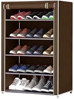 5-Tier Shoe Cabinet with Fabric Cover, PVC Plastic Frame Storage Organiser, Portable Shoe Rack (Brown) Price In India