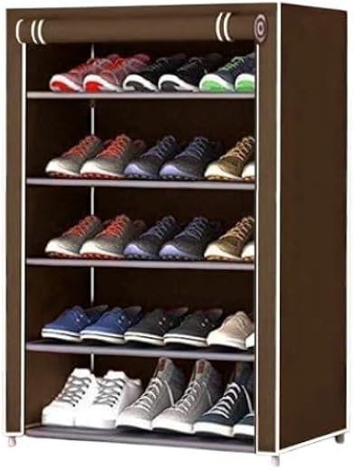 5-Tier Shoe Cabinet with Fabric Cover, PVC Plastic Frame Storage Organiser, Portable Shoe Rack (Brown)