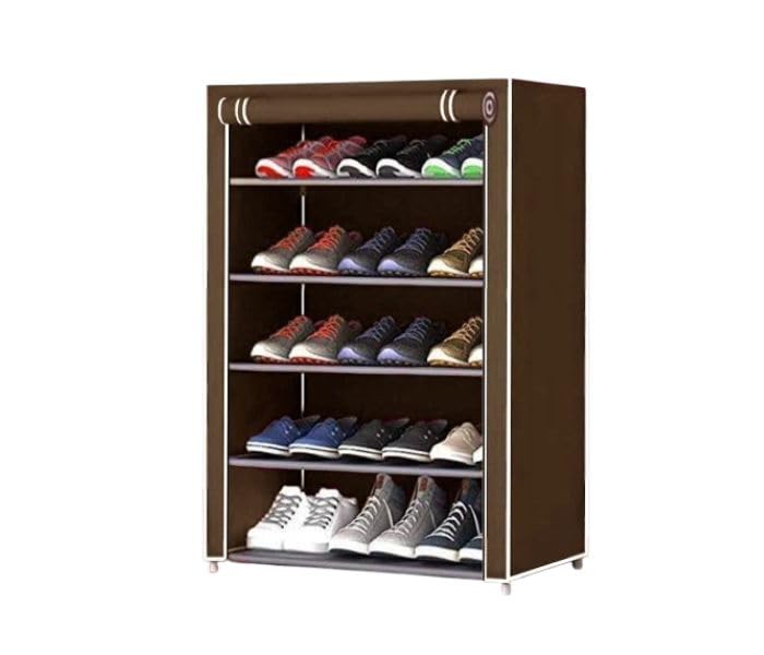 5-Tier Shoe Cabinet with Fabric Cover, Metal Frame Storage Organiser, Portable Shoe Rack (Brown)-image-46