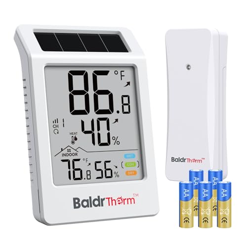 BaldrTherm Indoor Outdoor Thermometer Wireless, Digital Temperature Humidity Monitor, Temperature Gauge with 330ft Range | Solar & Battery Hybrid Power for Greenhouse, Patio, Home, 1 Sensor